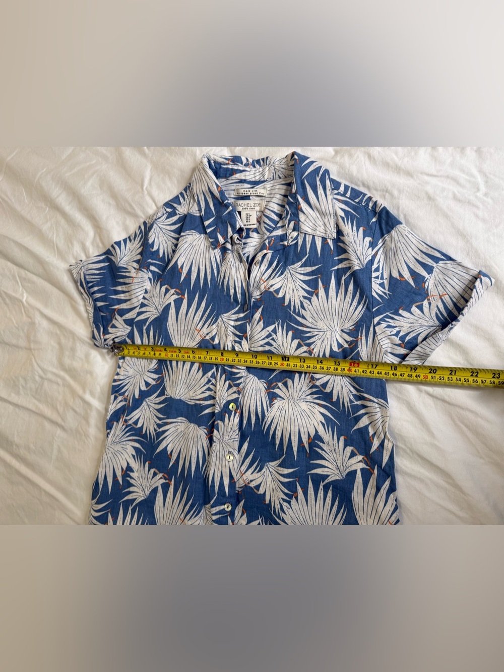 Rachel Zoe 100% Linen Palm Leaf Shirt Dress Coastal Resort Vacation Blue Small - Picture 9 of 10